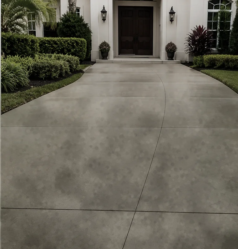 Driveway before pressure washing — dark organic staining and grime