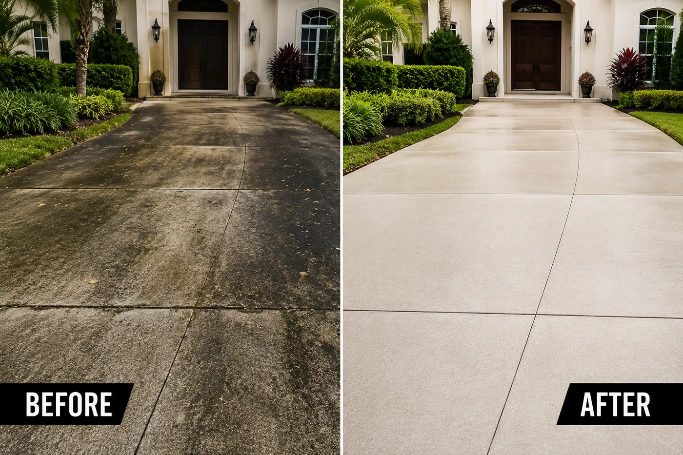 Side by side before and after of a residential driveway cleaned by NEXTY Power Wash