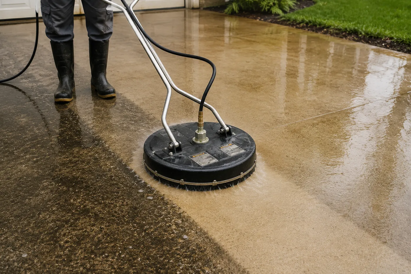 Professional rotary surface cleaner removing grime from concrete