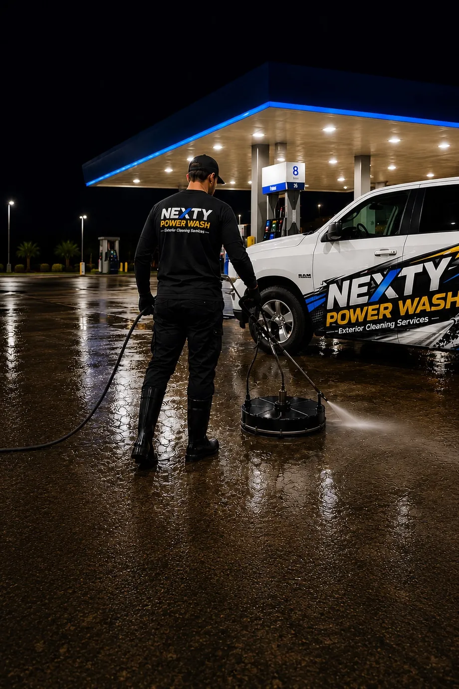 After-hours gas station forecourt pressure washing service at night