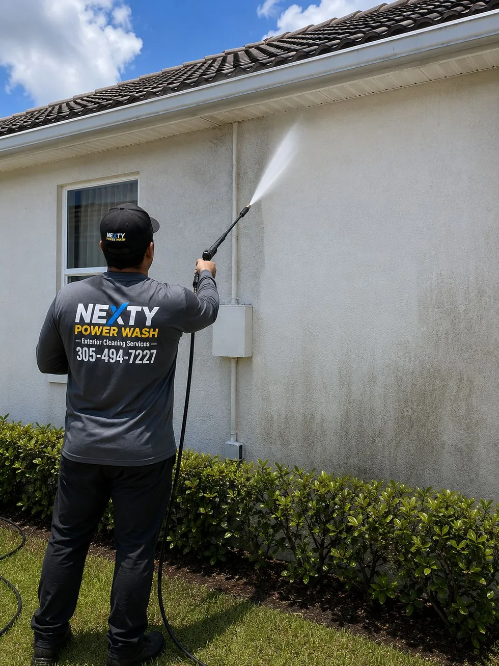 NEXTY Power Wash technician softwashing the exterior of a house with low pressure equipment