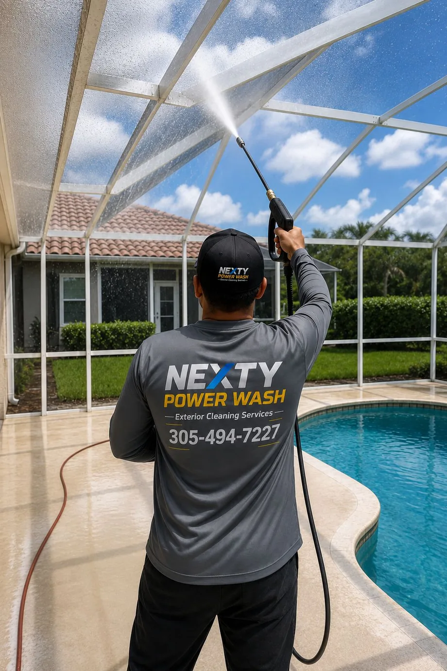 Pool cage and screen enclosure being cleaned with low-pressure washing